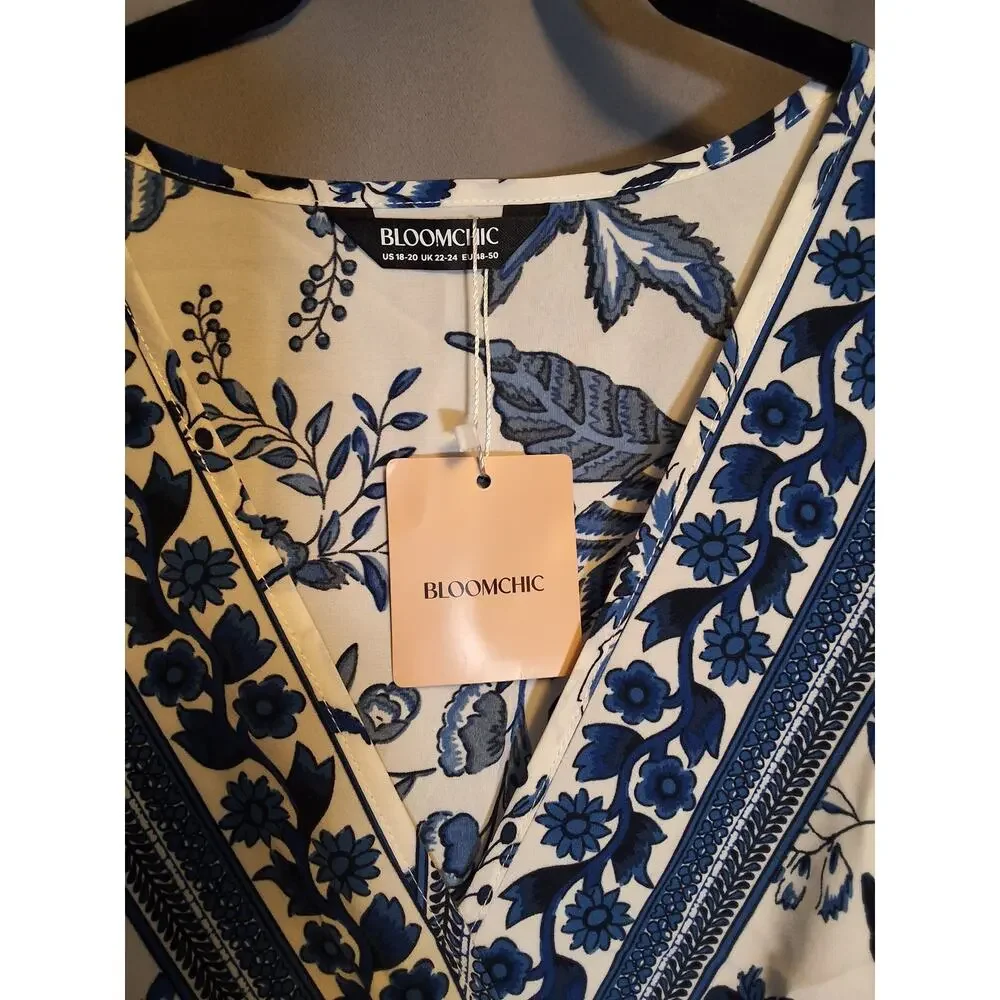 Bloomchic Blue Floral BOHO Midi Dress Pockets Short Sleeve Plus Size 2X 18-20_9